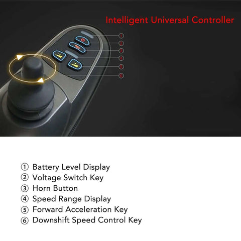 Close-up of 24V Electric Wheelchair Joystick Controller With Brake Connector featuring display buttons and joystick control.