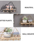 Golden Wall Mount Storage Rack With Heavy Duty Iron And Wood, Slick Hook Organizer For Kitchen Bedroom, decor with potted plants.