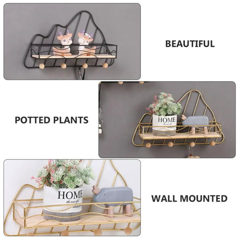 Golden Wall Mount Storage Rack With Heavy Duty Iron And Wood, Slick Hook Organizer For Kitchen Bedroom, decor with potted plants.
