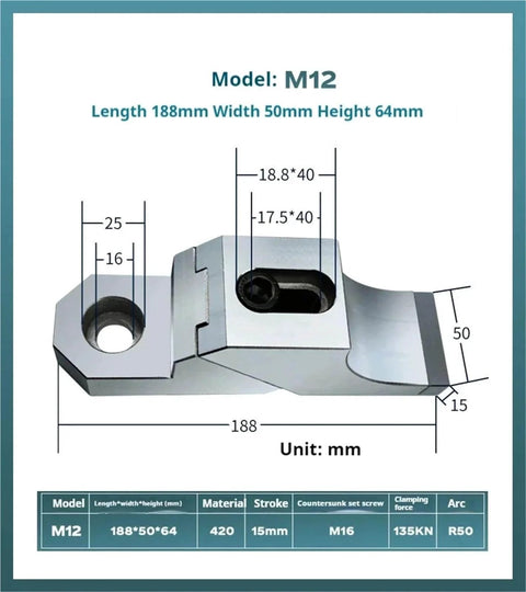 Diagram of Side Fixture Clamp For M8 To M16 - Fixed Precision Vise Frog Clamps For Flat End Bench Vice Workholding Fixturing, Beefy M12 Heavy Holding Clamp Set For CNC, showing dimensions and specifications.