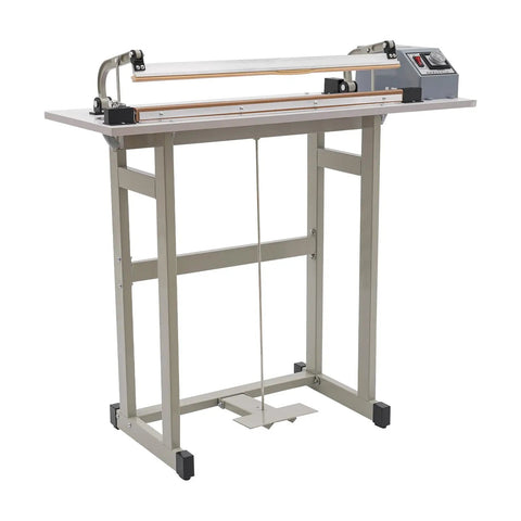 Heavy Duty Foot Pedal Heat Sealer Bag Machine For Industrial Shop With 850W Power And Quick Timer Control Grippy Base Pads Easy To Use on a sturdy metal frame.