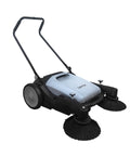 Top Shelf Manual Push Floor Sweeper With Thirty Six Inch Brush And Ten Point Five Gallon Dustpan Powers Through Driveways Garages And Pavement Without The Sweat Or Headache In Grey on white background.