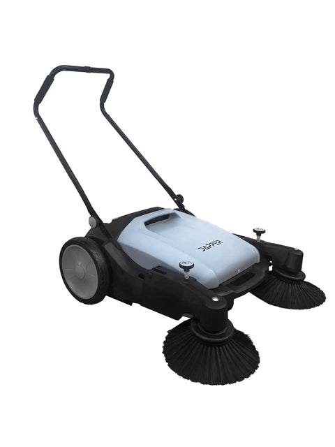 Top Shelf Manual Push Floor Sweeper With Thirty Six Inch Brush And Ten Point Five Gallon Dustpan Powers Through Driveways Garages And Pavement Without The Sweat Or Headache In Grey on white background.