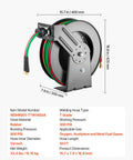 Auto-Rewind Welding Hose Reel For 1/4-Inch X 50-Foot Twin Oxygen Acetylene Rubber Hose Up To 300 PSI T Grade, dimensions labeled