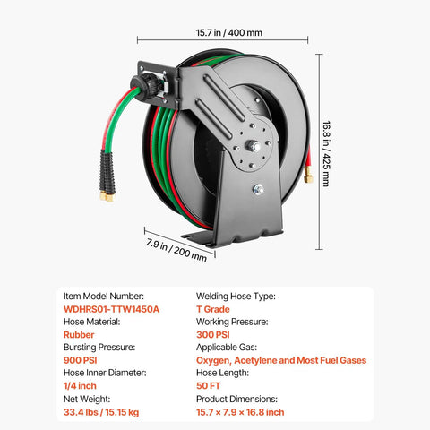 Auto-Rewind Welding Hose Reel For 1/4-Inch X 50-Foot Twin Oxygen Acetylene Rubber Hose Up To 300 PSI T Grade, dimensions labeled