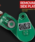 Close-up of Two Pack Snatch Block With Hook, 2 Ton Working Load, 3 Inch Sheave showing removable side plate text