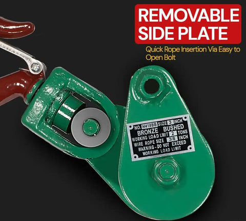 Close-up of Two Pack Snatch Block With Hook, 2 Ton Working Load, 3 Inch Sheave showing removable side plate text