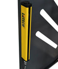 Tough As Nails Electric Metal Shear 49 Inch Cutting Width Snappily Cuts 11 Ga Plate close-up of yellow safety guard on machine.
