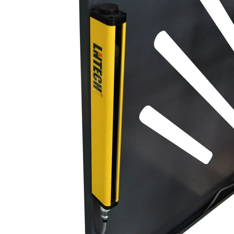 Tough As Nails Electric Metal Shear 49 Inch Cutting Width Snappily Cuts 11 Ga Plate close-up of yellow safety guard on machine.