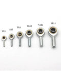 Two Piece SA10 Rod End Set With Right Hand Metric Threads Featuring Precision Fish Eye Ball Joints, shown in size comparison.
