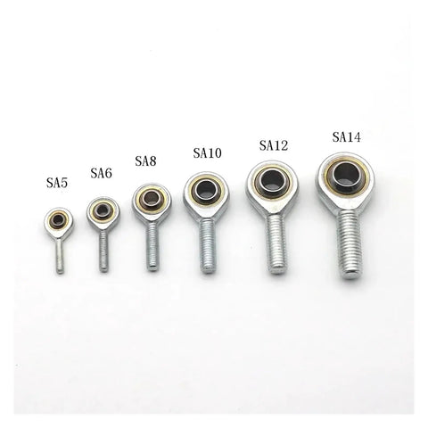 Two Piece SA10 Rod End Set With Right Hand Metric Threads Featuring Precision Fish Eye Ball Joints, shown in size comparison.