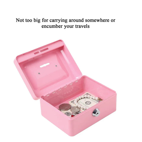 Open pink metal box showing cash and coins inside, Kid Friendly Locking Cash Box With Top Slot Pink Metal Money Safe For Coins And Cash Portable Small Safe Box
