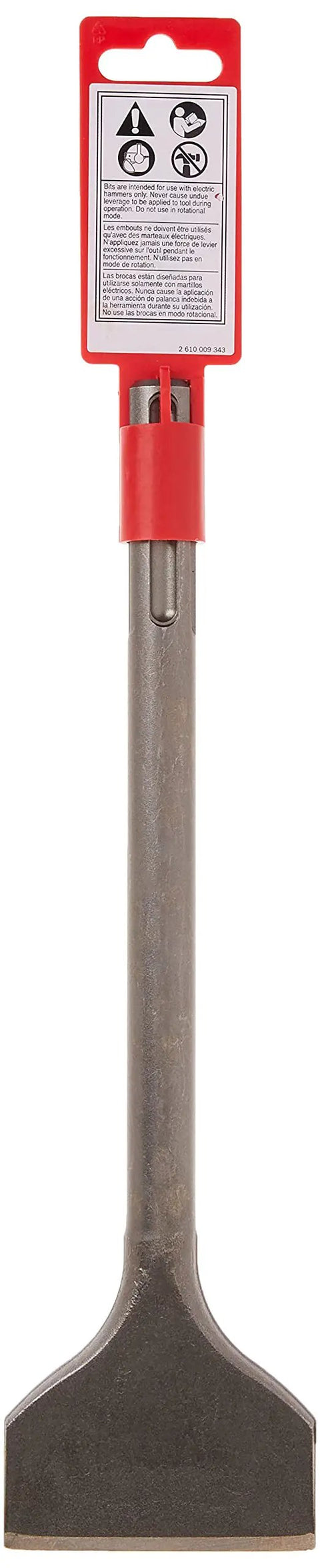 Beefy Scaling Chisel HS1910 3 Inch By 12 Inch SDS Max Wide Chisel for tile, mortar, glazing removal, front view with packaging