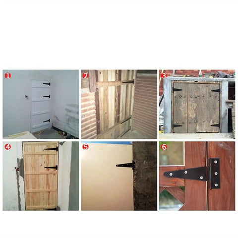 Built Like A Tank Heavy Duty T Hinge For Garden Gates And Fence Repair With All Weather Durability Fits 8 Inch Wood Doors Smoothly shown on various doors.