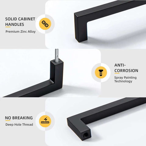 Solid Zinc Alloy 5 Inch Black Cabinet Handles And Drawer Pulls For Kitchen Refresh showing anti-corrosion features and deep hole thread.
