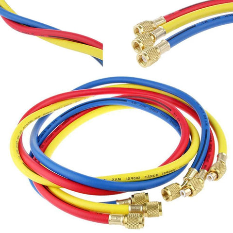 ANTFEES 72-inch HVAC refrigerant charging hose set of 3 in red, blue, and yellow with brass fittings