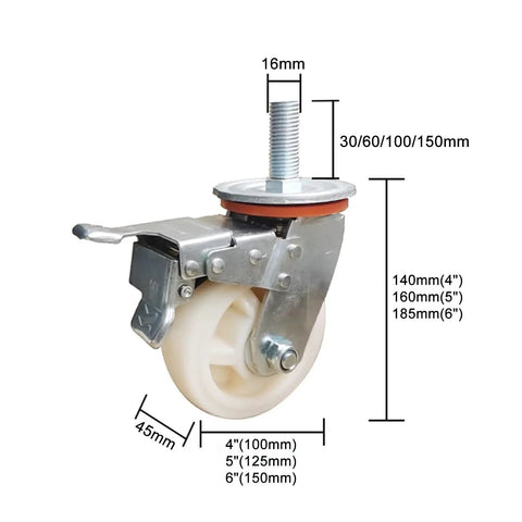 Side view of Tough As Nails Heavy Duty Industrial Caster Wheel with M16 Threaded Stem and Top Plate, 6-inch dual locking brakes.