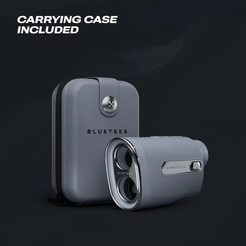 Captain Air Golf Rangefinder With Slope And GPS Distances next to included carrying case.
