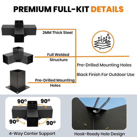 All In One Heavy Duty Pro Grade Pergola Brackets Kit For 4x4 Posts Includes 3 Way Corner 4 Way Center And Post Base Set 2mm Steel Hardware Fits 3.6 By 3.6 Inch Posts Built To Last For Patio Gazebo Backyard Build