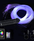 Mini 6W RGBW Fiber Optic Starlight Headliner Kit For Car And Home Ceiling Decor With 450 Strands On 13.1 Feet 18 LED Pure White Meteor Shooting Star Sound Activated Remote App Control shown with app and accessories.