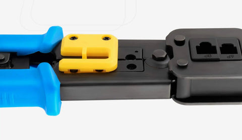 Close-up of RJ45 Crimp Tool For Pass Through Connector EZ Cut Strip And Crimp Cat5e And Cat6 Ethernet Cables