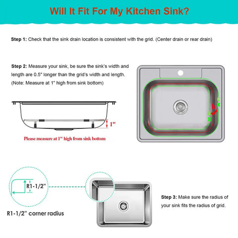 Diagram showing compatibility check for Double Bowl Kitchen Sink Protector Grid 304 Stainless Steel Universal Kitchen Sink Grid Bottom Rack Guard Keeps Your Sink Scratch Free Centered Drain 13.2 X 11.6 X 1.25 Inches Rubber Feet 2 Pack with sink measurements and radius.