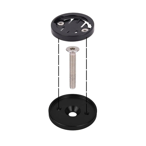 Exploded view of Bicycle Stem Headset Top Cap Mount For Garmin Edge GPS Bike Computer in aluminum with bolt and cap pieces.