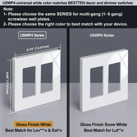 20 Pack 2 Gang Screwless Wall Plates Glossy Off White Decorator Outlet Covers For Light Switches Dimmers USB GFCI Receptacles Seamless Edge Design Easy To Clean H 4.69 Inches By W 4.73 Inches displayed with product dimensions and compatibility highlights.