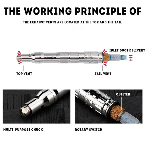 Professional Grade Air Powered Micro Die Grinder Small Size Pencil Shaft Pneumatic Rotary Cutter Tool showing top, tail vents and rotary switch.
