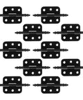 Top view of set of 10 vintage iron hinges for jewelry boxes and craft boxes with solid support wide opening angles, black finish.