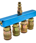 Aluminum Rectangular Manifold Kit With Four Quarter Inch Steel Industrial Couplers And One Quarter Inch Steel Plug