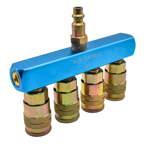 Aluminum Rectangular Manifold Kit With Four Quarter Inch Steel Industrial Couplers And One Quarter Inch Steel Plug