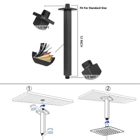 Installation diagram of Square Ceiling Mount Rain Shower Head 16 Inch Matte Black With Shower Arm Stainless Steel Waterfall Showerhead