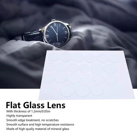 Watch Glass Replacement Kit 21 pcs flat mineral crystal lenses 35mm to 45mm 1.2mm thick with watch and lens sheet