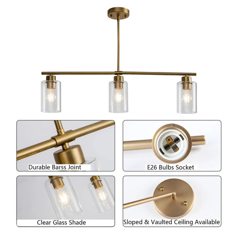 3 Light Kitchen Island Pendant Light Set For Farmhouse Vibe Dining Area With Clear Glass Shades Brushed Brass Modern Pendant Lights