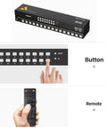 Absolute Game Changer 16 Port HDMI KVM Switch showing button panel and remote control for smooth switching between PCs.