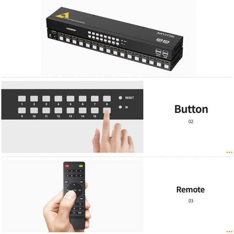 Absolute Game Changer 16 Port HDMI KVM Switch showing button panel and remote control for smooth switching between PCs.