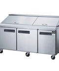 Heavy Duty Commercial Workhorse Food Prep Table Refrigerator With Three Door Stainless Steel Mega Top Etl Upright Salad Fridge Cooler And Merchandiser 17 Cubic Feet on wheels.