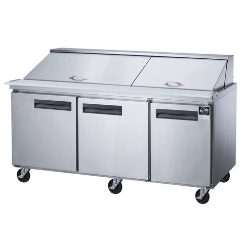 Heavy Duty Commercial Workhorse Food Prep Table Refrigerator With Three Door Stainless Steel Mega Top Etl Upright Salad Fridge Cooler And Merchandiser 17 Cubic Feet on wheels.