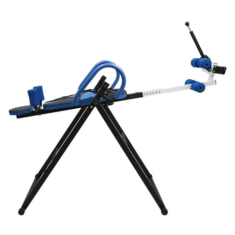 Side view of Inversion Table For Back Pain Relief With A 330lb Capacity Decompression Stretcher showing blue padding and black frame.