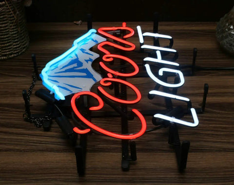Handmade Glass Neon Beer Sign For Bars Mancave Bedroom Game Room And Garage 17 By 13 Inch Neon Light Bright Color LED Style Glass Tubes Energy Efficient Long Lasting Up To 100000 Hours 100 240V Wall Decor That Pops depicting 'Coors Light' in neon lights.