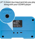 Back view of Tiny But Mighty 5W Mini Guitar Amp With Bluetooth 5.0, showing aux input jack and label details on blue casing.