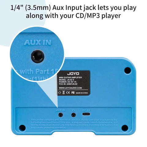 Back view of Tiny But Mighty 5W Mini Guitar Amp With Bluetooth 5.0, showing aux input jack and label details on blue casing.