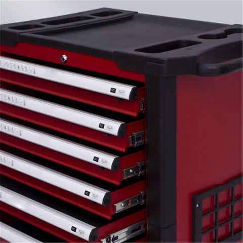 Close-up of Tough As Nails Rolling Tool Cart with heavy duty steel drawers for organized tool storage.