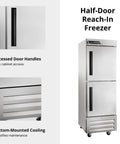 Heavy Duty Commercial Reach In Freezer 23 Inch Single Section Right Hinged Split Doors Electronic Led Controls Built Rock Solid For Bustling Restaurant Kitchens And Quick Food Prep showing half-door design with recessed handles.