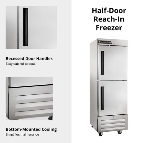 Heavy Duty Commercial Reach In Freezer 23 Inch Single Section Right Hinged Split Doors Electronic Led Controls Built Rock Solid For Bustling Restaurant Kitchens And Quick Food Prep showing half-door design with recessed handles.