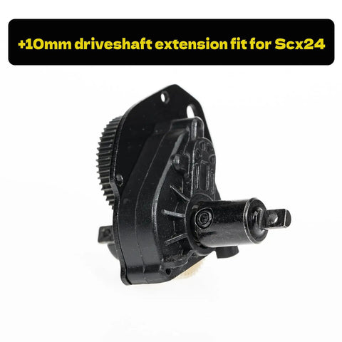 Ten Millimeter Drive Shaft Extenders for SCX24 and FCX24, black hardened steel, focus on one extender with screws, boost wheelbase
