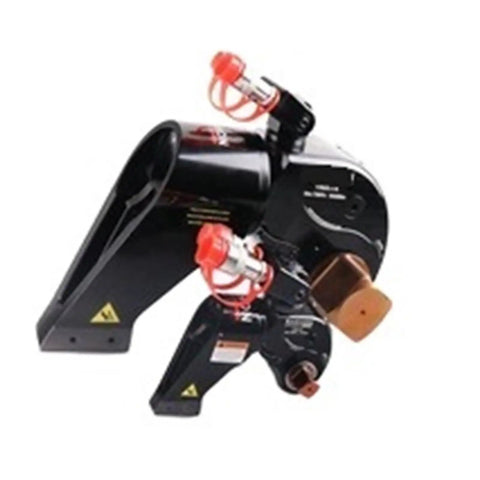 Workhorse Hydraulic Torque Wrench Kicks Out 10000 Nm Twist On 1 1/2 Inch Square Drive Built From Heavy Duty Alloy Steel With Flex Hose For Tight Quarters viewed from side angle showing red connectors.