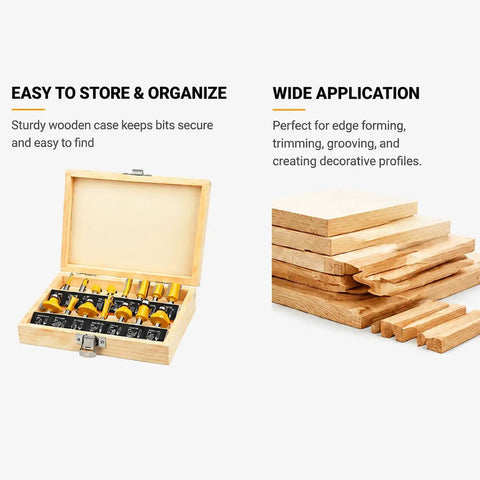 Fifteen Piece Router Bit Set With One Quarter Inch Shank For Woodworking Includes Corner Round Dovetail Bit in wooden case