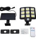 Eminchu Solar Flood Light for Patio Yard, 240 LED with solar panel, remote control, and mounting brackets.